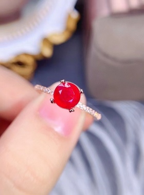 925银天然红宝石戒指简约时尚净度火彩好缅甸红宝石活口指环圆6mm