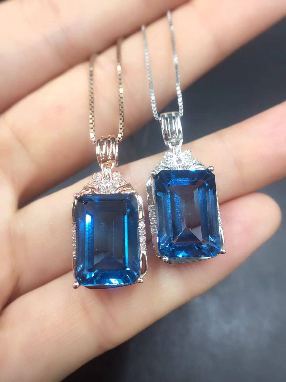大颗粒长方形蓝宝石蓝托帕石项链吊坠925纯银高端奢华