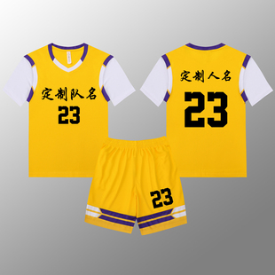 女款女生女童学生假两件短袖篮球服运动健身套装定制印刷B007黄色