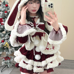 圣诞外套雪顶草莓兔 挂脖红丝绒连衣裙 情人节战袍毛绒兔耳斗篷