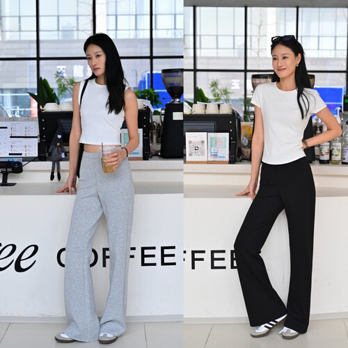 腿精微喇建模裤！灰色微喇卫裤女