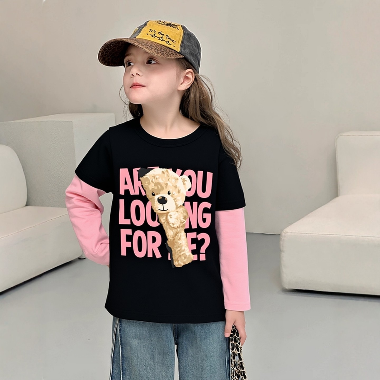 品牌童装2026春季儿童新款 女童韩版纯棉长袖t恤卡通小熊印花上衣