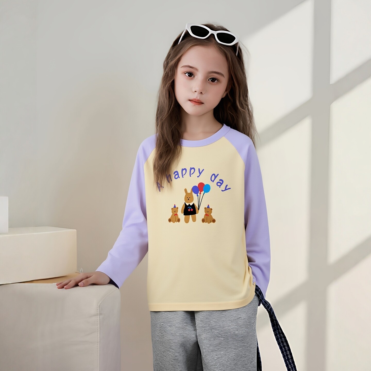 27home童装女童长袖t恤 2026春季新款拼袖插肩小熊卡通纯棉打底衫