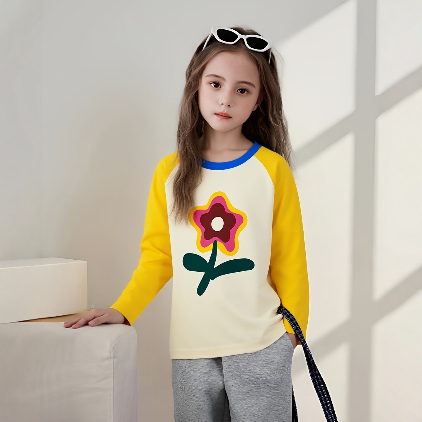 27home品牌女童长袖t恤 2026春季新款童装洋气花朵印花纯棉打底衫