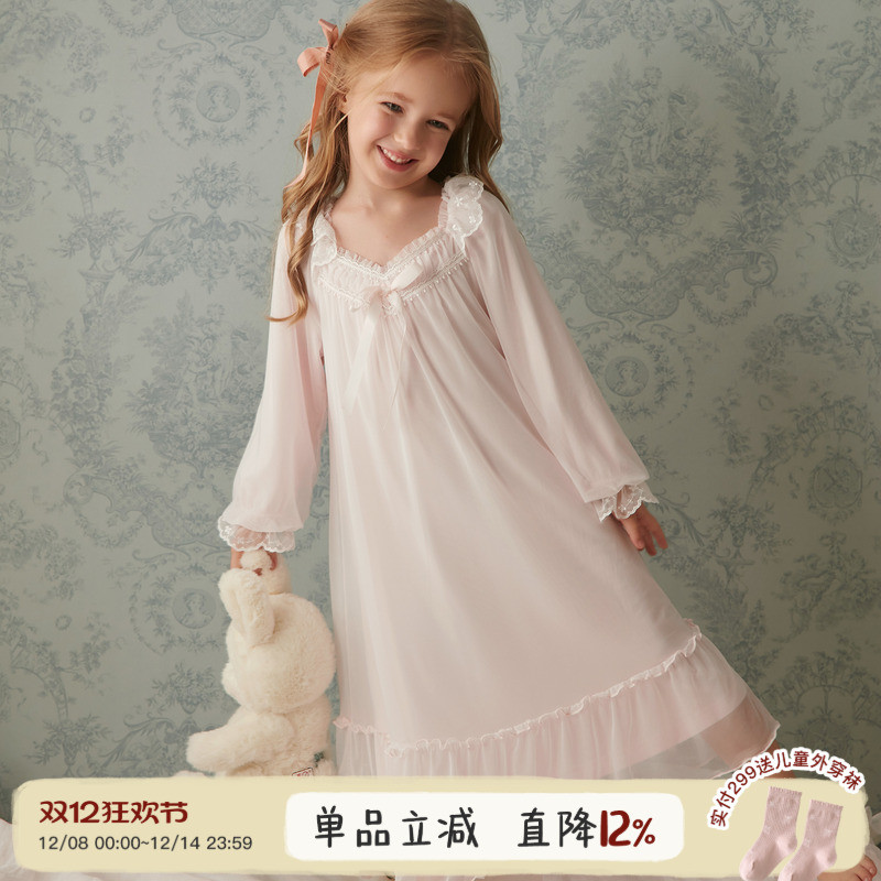 儿童公主睡裙女童春秋蕾丝睡衣