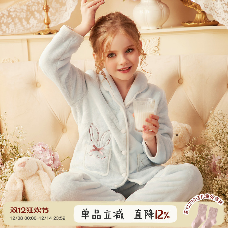 RoseTree冬季绒绒萌兔法兰绒睡衣