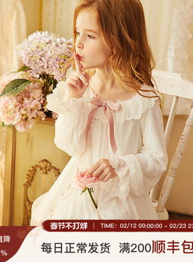 Rosetree女童睡裙春秋公主薄款可爱宝宝宫廷女孩长袖儿童甜美睡衣