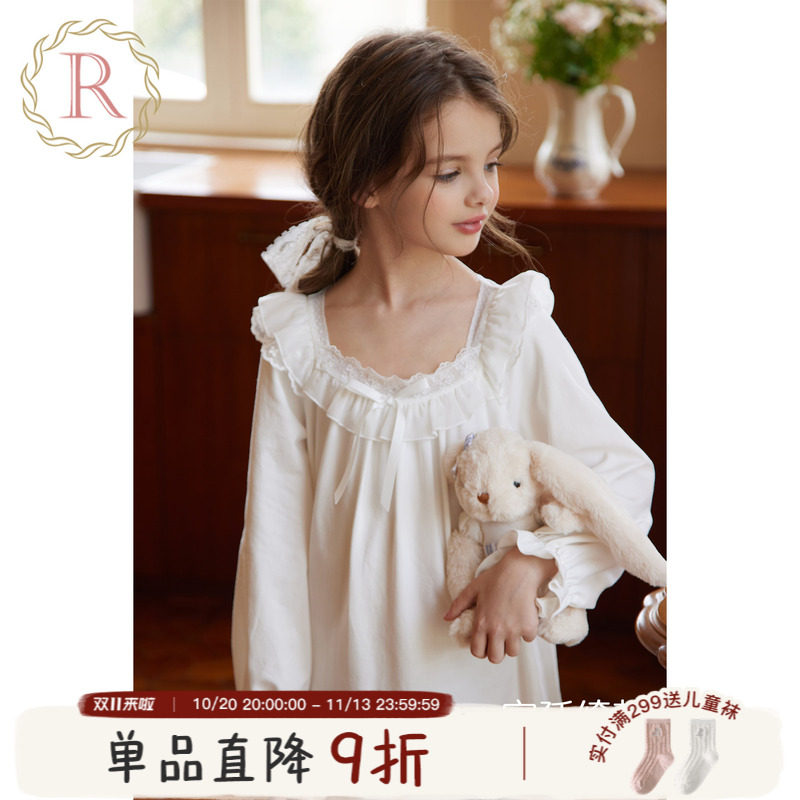 RoseTree女童公主睡裙儿童长袖纯棉春秋季女孩宫廷风睡衣2026新款