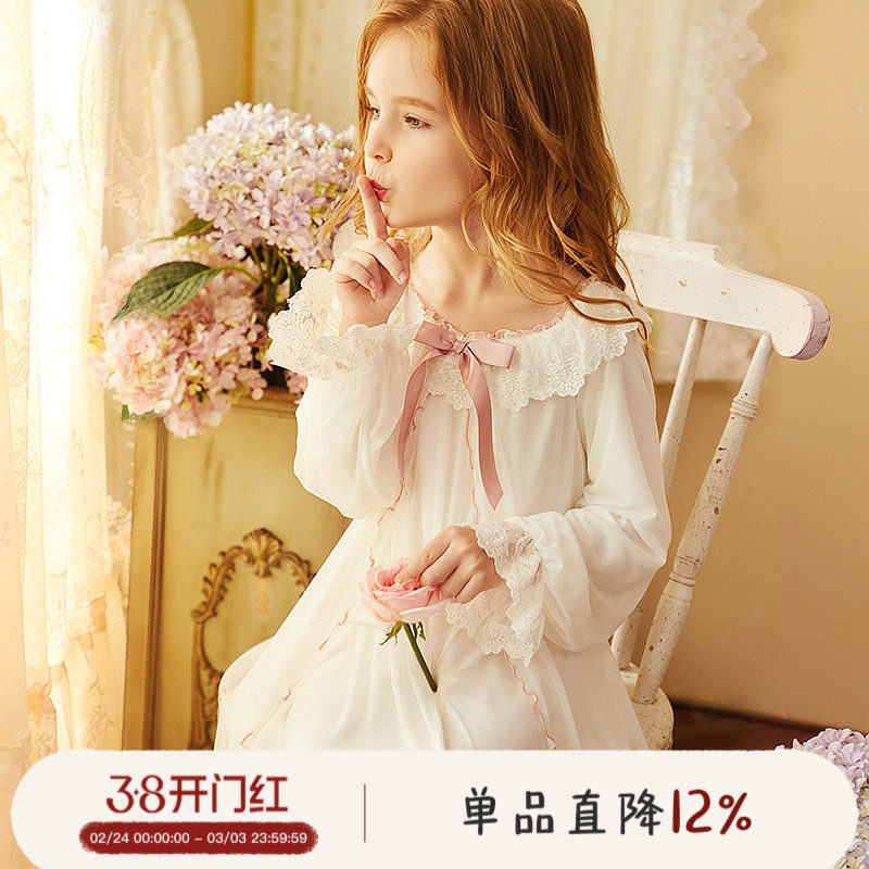 Rosetree女童睡裙春秋公主薄款可爱宝宝宫廷女孩长袖儿童甜美睡衣