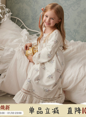 Rosetree女童公主睡裙儿童春秋季纯棉长袖法式睡衣女孩宝宝家居服