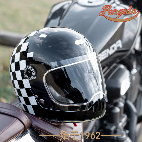 台湾penguin海鸟摩托车头盔全盔安全帽棋盘格黑白格男女巡航复古