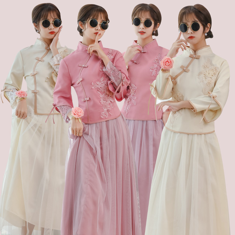 伴娘服2024新款中式新娘伴娘团结婚闺蜜姐妹裙中国风长款秋冬礼服