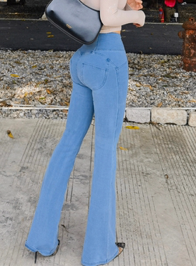 蜜桃臀弹力牛仔裤女秋季加长提臀微喇叭长裤小个子2025年新款丰胯