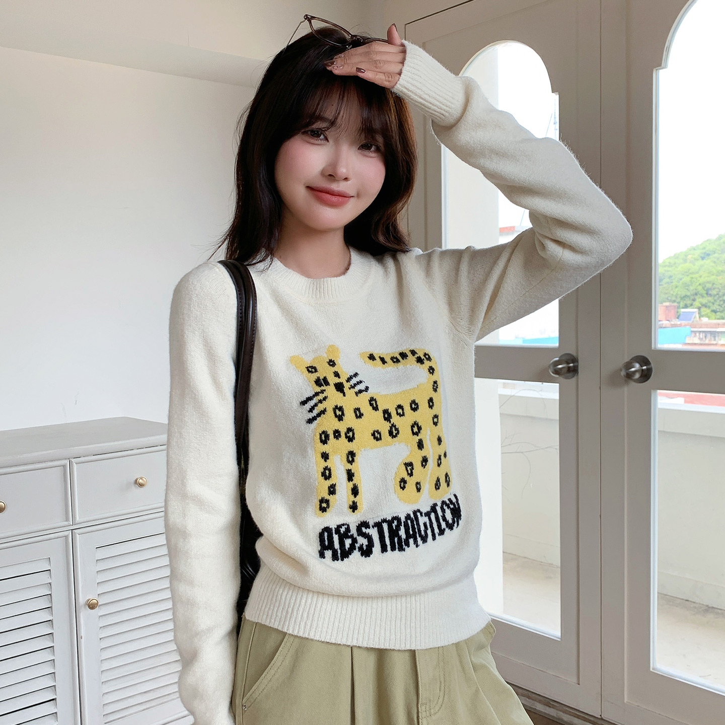 尔给秋冬300G小猫撞色提花毛衣女百搭长袖时尚显瘦收腰针织衫上衣