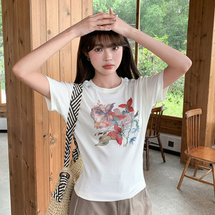 显瘦多巴胺色系印花T恤女 尔给夏季 新款 正肩圆领短袖 女修身