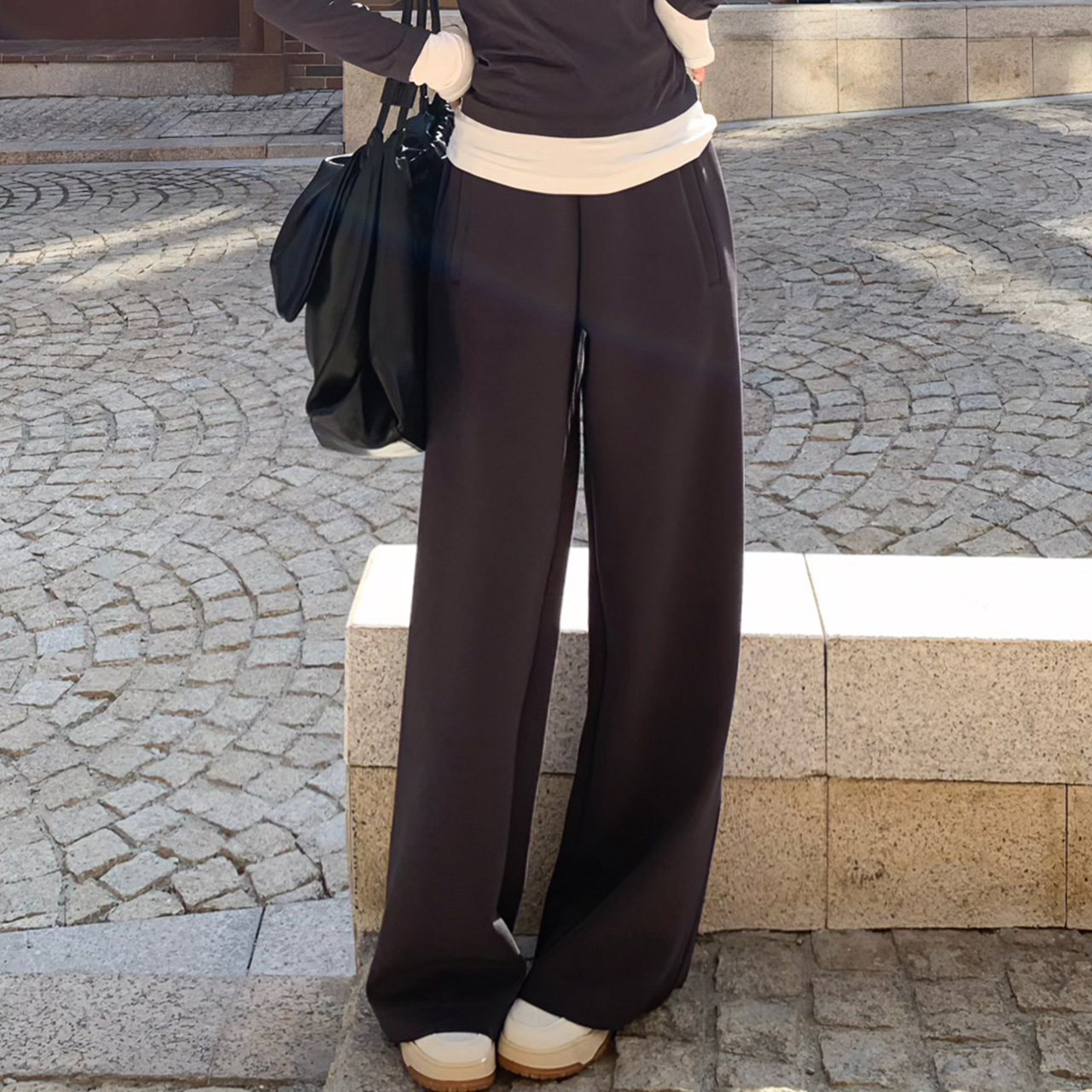 尔给休闲裤-卫裤直筒显瘦春新款垂感高腰设计感宽松阔腿长裤