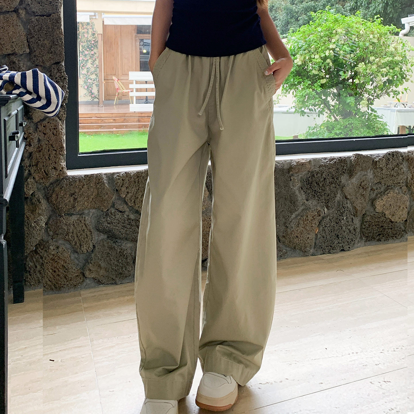 尔给休闲裤高腰宽松直筒休闲裤女阔腿显瘦绑带长裤女