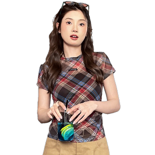 尔给夏季格纹复古短袖T恤女百搭显瘦气质修身短款网纱设计感上衣