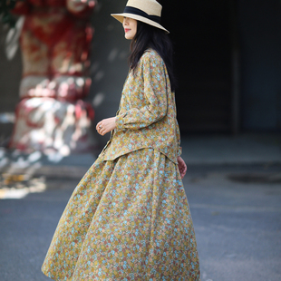 游设原创纯棉印花灯芯绒廓形衬衫 知秋 大摆半身裙