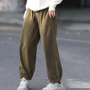 柏实 休闲裤 游设原创纯棉立体泡泡条绒弹力腰宽松收脚裤 长裤