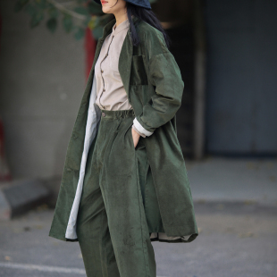 游设原创新中式 山远 廓形纯棉丝绒立领风衣外套