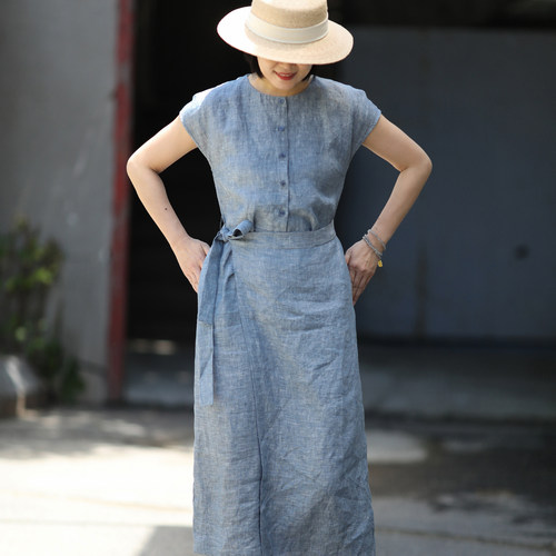 游设原创新中式色织亚麻假两件裹身裙圆领开衫连衣裙  山岚