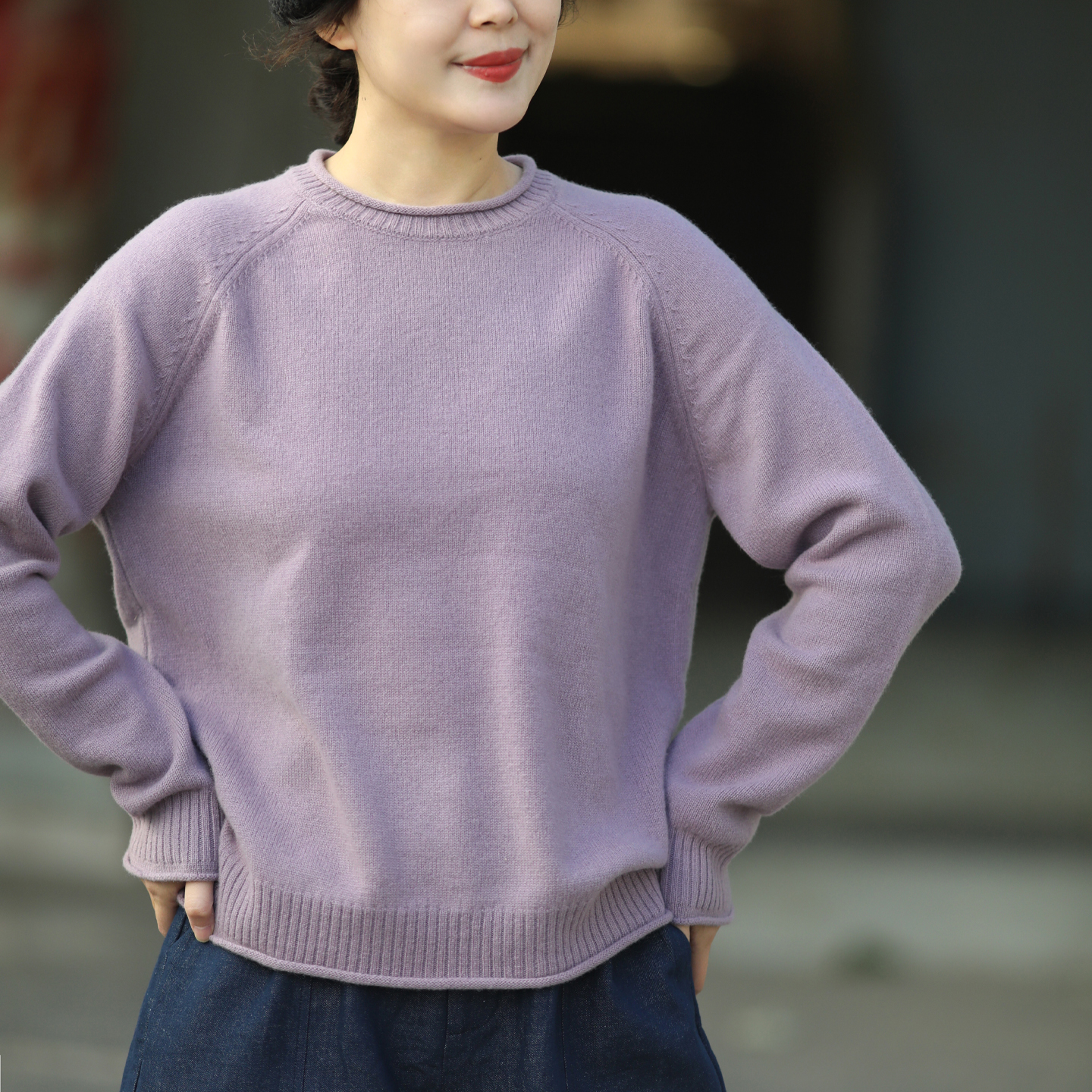 游设计原创复古绵羊毛卷边插肩袖羊毛衫毛衣 薄紫