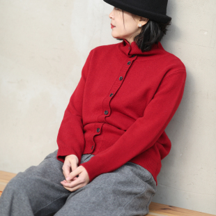 游设原创复古正肩高领红色绵羊毛针织开衫 微醺 毛衣