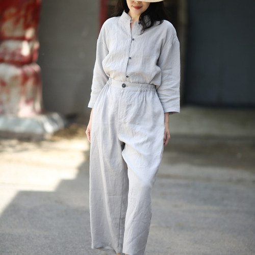 原创衬衫裤子套装亚麻2024