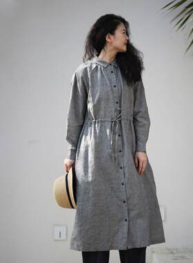 游设原创新中式色织条纹棉麻抽绳腰翻领开襟连衣裙 景行