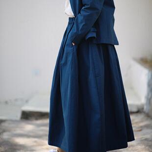 游设原创立体剪裁拼接弹力腰大摆高密色织棉半身裙 蓝裾