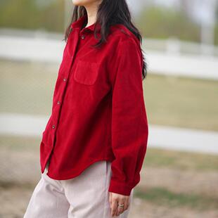游设原创廓形翻领圆摆棉丝绒平绒衬衫 胭脂
