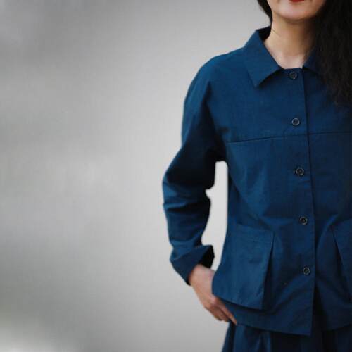 游设原创新中式色织高密棉翻领立体兜后开叉衬衫外套 青隐