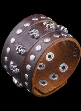 银色闪亮骷髅铆钉棕牛皮朋克手链