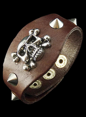 酒红色皮质柳钉骷髅头手链潮流风