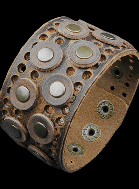 复古铜色平圆铆钉咖啡色牛皮手链