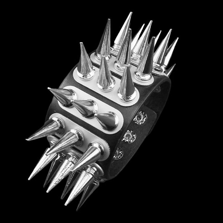 银色超长合金尖刺铆钉长条云梯黑PU皮朋克手链手环手镯夸张装饰品