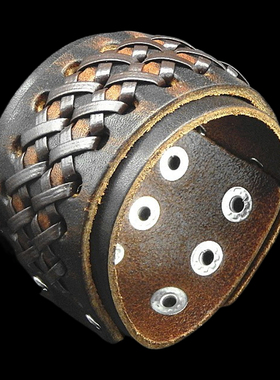 夸张个性交叉编织典雅双层棕色牛皮手链自然原生朋克饰品手镯手环