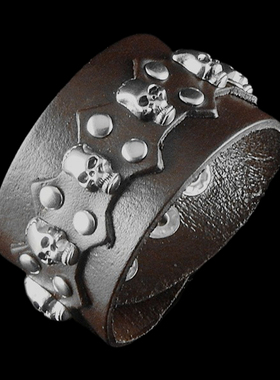 酒红棕厚牛皮银色骷髅头朋克手环