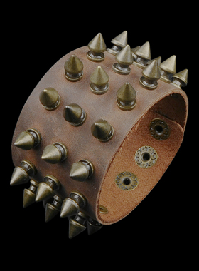 铜色双层钉咖啡棕色软皮朋克手链