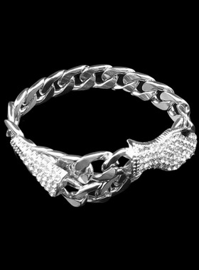 银色宽锁链蛇头尾水钻吸铁石手链