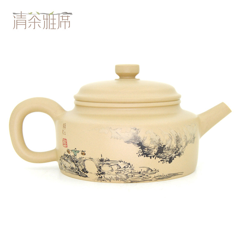 云南建水紫陶壶名家明仁全手工精品水墨风彩填紫陶井栏壶茶壶茶具