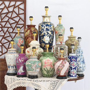 孤品-美式复古陶瓷手绘台灯卧室床头柜灯客厅民宿样板间装饰摆件