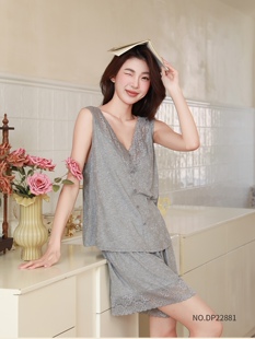 春夏暗纹提花宽肩短裤 莫代尔棉睡衣V领背心带胸垫甜美22881女 套装