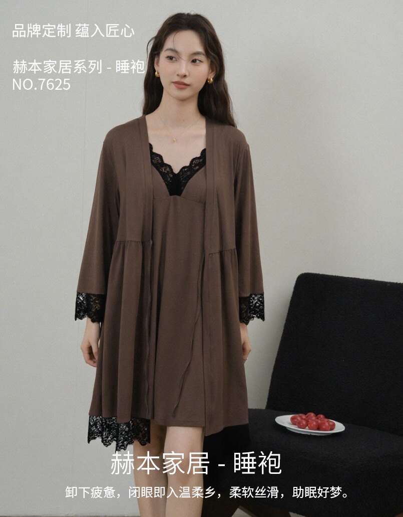 尚尼秀春秋羊绒蛋白睡袍睡裙吊带蕾丝花边套装甜美纯欲V领性感女