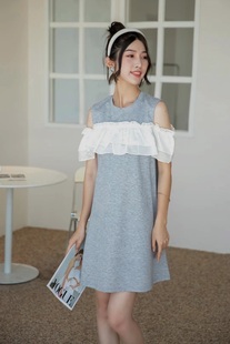 Lisuo利索小清新荷叶边露肩短袖T恤裙 女夏季a字宽松显瘦连衣裙潮