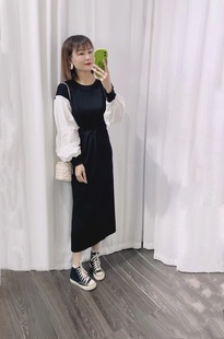 Lisuo利索韩版气质假两件中长连衣裙女秋季新款时尚后开叉休闲裙