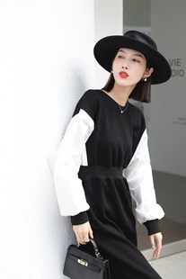 LiSuo利索韩版气质宽松慵懒拼色长袖卫衣裙女秋季修腰显瘦连衣裙