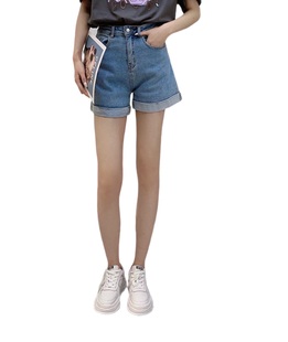 Lisuo利索夏季港风复古a字高腰显瘦卷边牛仔裤 小个子女阔腿短裤