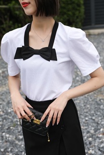 LiSuo利索夏季蝴蝶结设计感方领泡泡短袖T恤女小众洋气百搭上衣